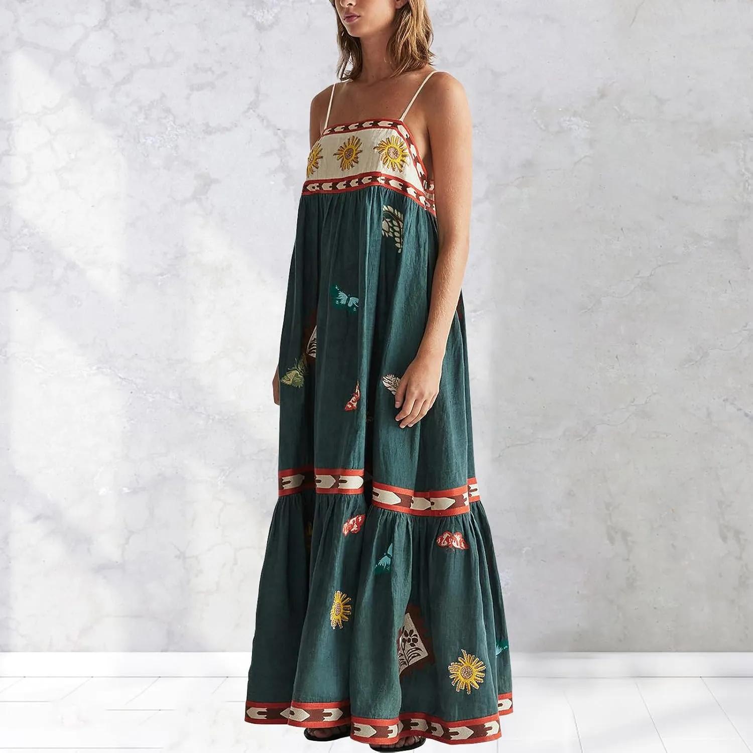 Women Spaghetti Strap Graffiti Maxi Dress Sleeveless Loose Boho Flowy Long Sundress Colorful A Line Beach Sundress