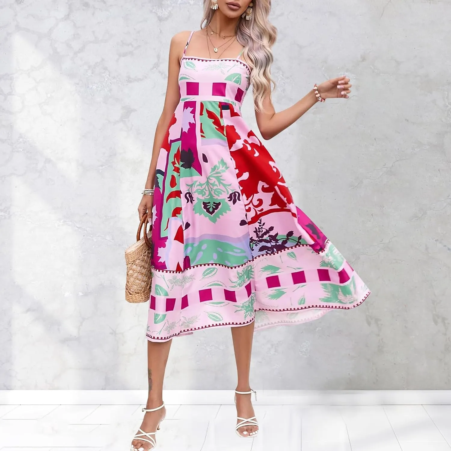 Women Spaghetti Strap Graffiti Maxi Dress Sleeveless Loose Boho Flowy Long Sundress Colorful A Line Beach Sundress