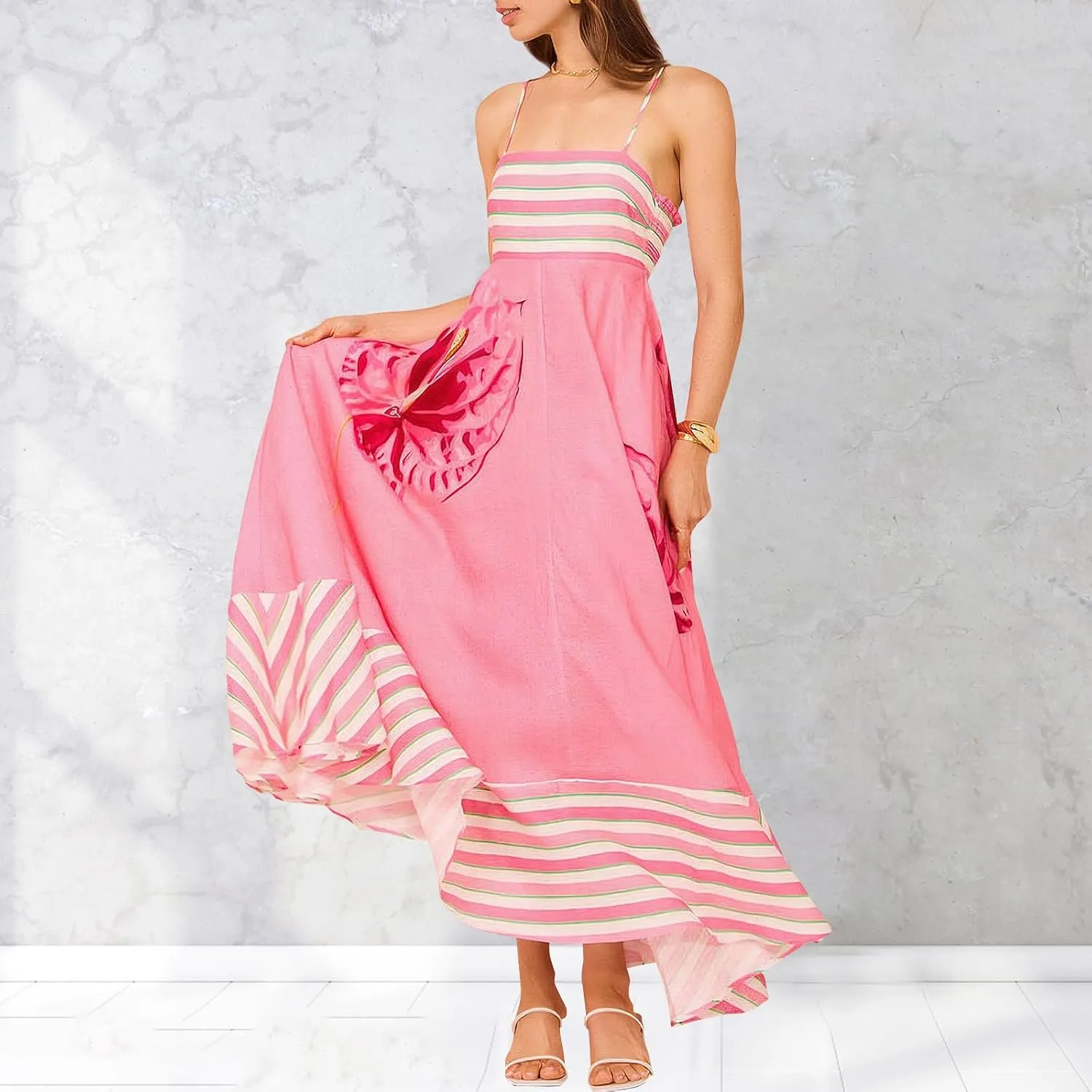 Women Spaghetti Strap Graffiti Maxi Dress Sleeveless Loose Boho Flowy Long Sundress Colorful A Line Beach Sundress