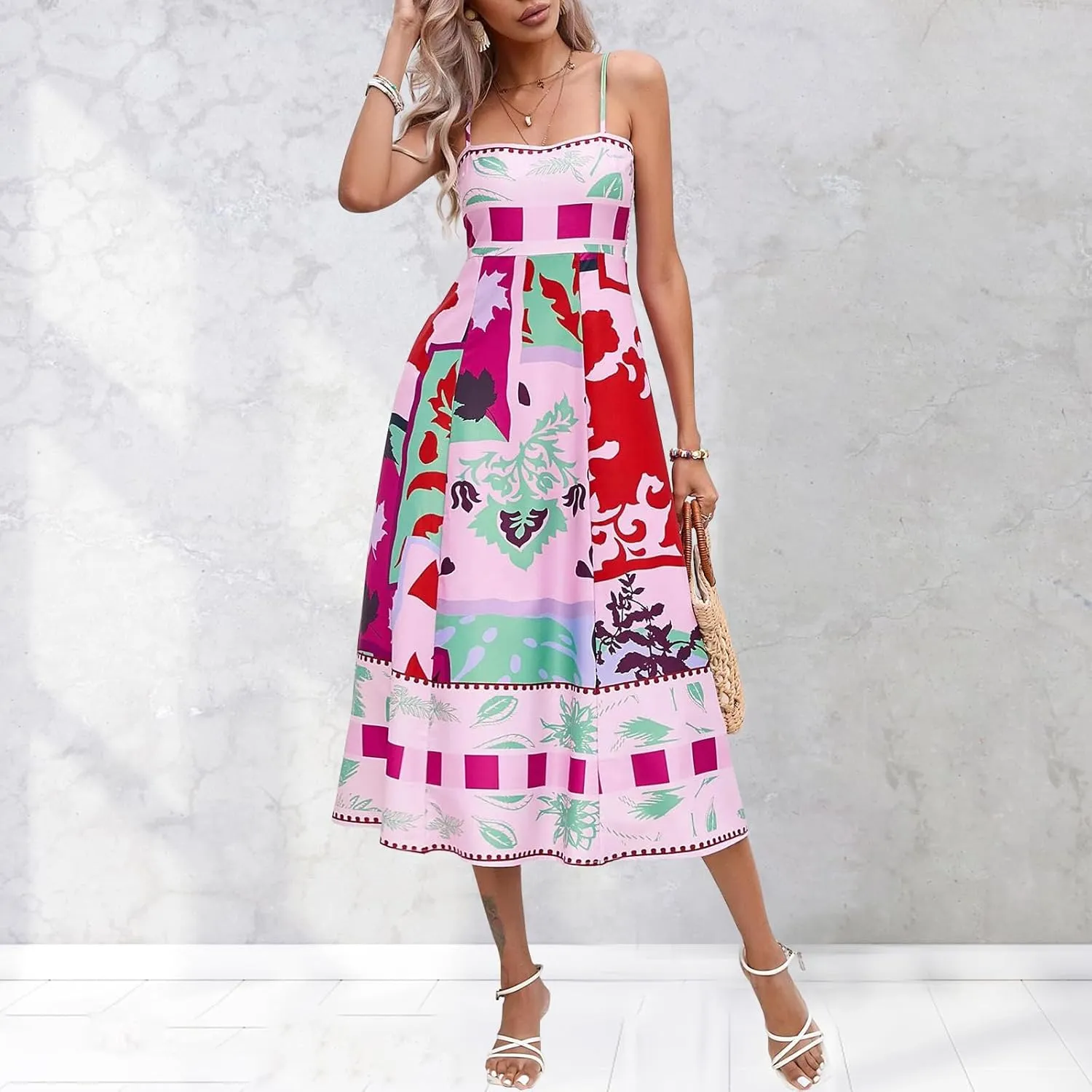 Women Spaghetti Strap Graffiti Maxi Dress Sleeveless Loose Boho Flowy Long Sundress Colorful A Line Beach Sundress