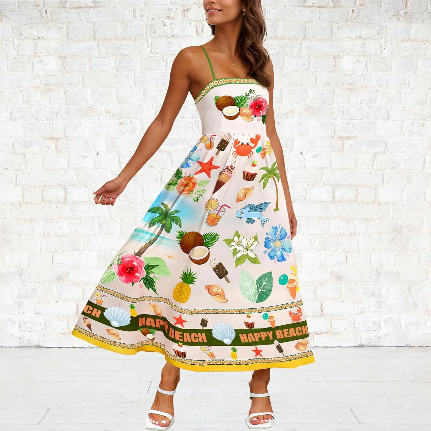 Women Spaghetti Strap Graffiti Maxi Dress Sleeveless Loose Boho Flowy Long Sundress Colorful A Line Beach Sundress