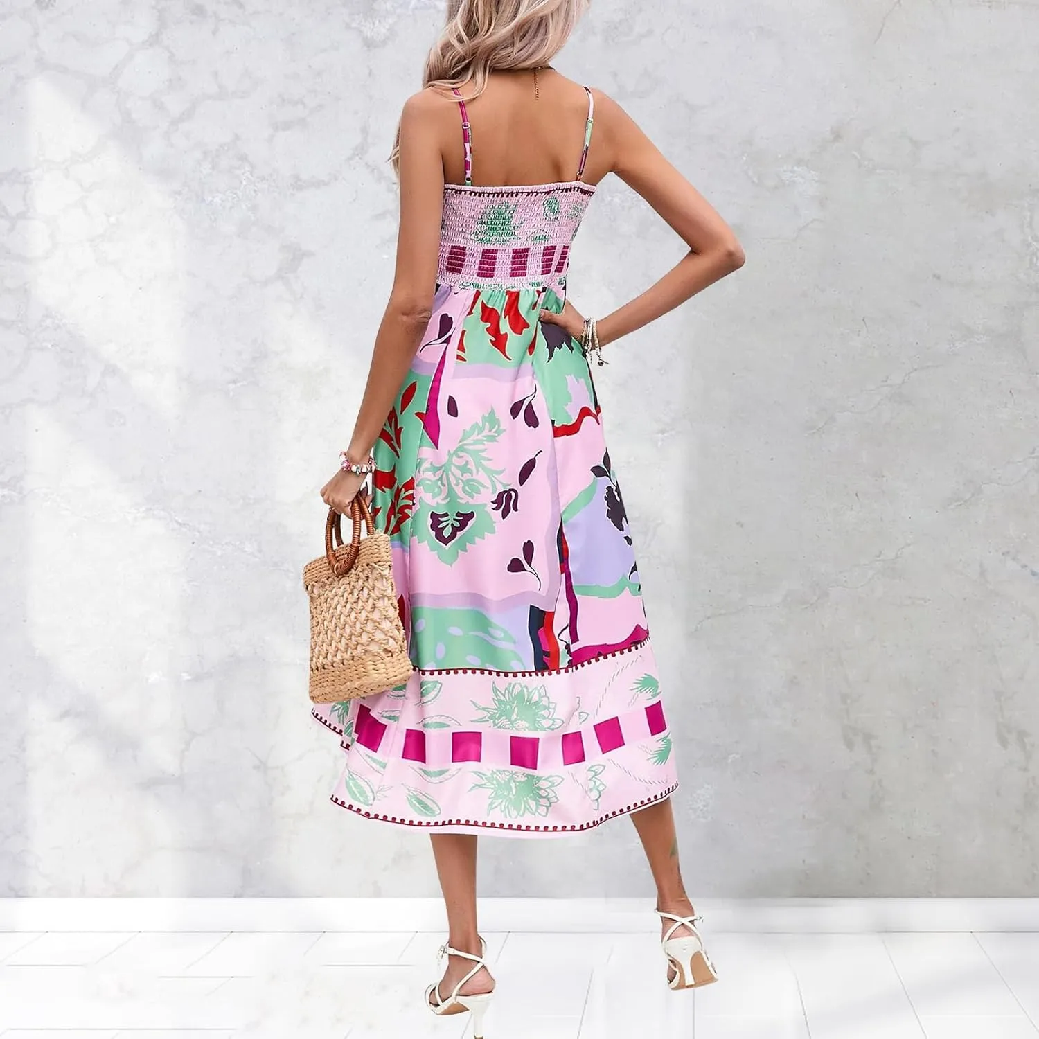 Women Spaghetti Strap Graffiti Maxi Dress Sleeveless Loose Boho Flowy Long Sundress Colorful A Line Beach Sundress