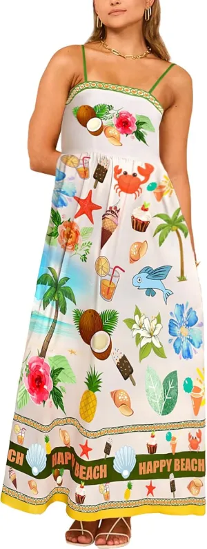Women Spaghetti Strap Graffiti Maxi Dress Sleeveless Loose Boho Flowy Long Sundress Colorful A Line Beach Sundress