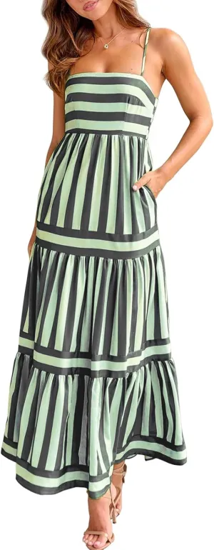 Women Spaghetti Strap Graffiti Maxi Dress Sleeveless Loose Boho Flowy Long Sundress Colorful A Line Beach Sundress