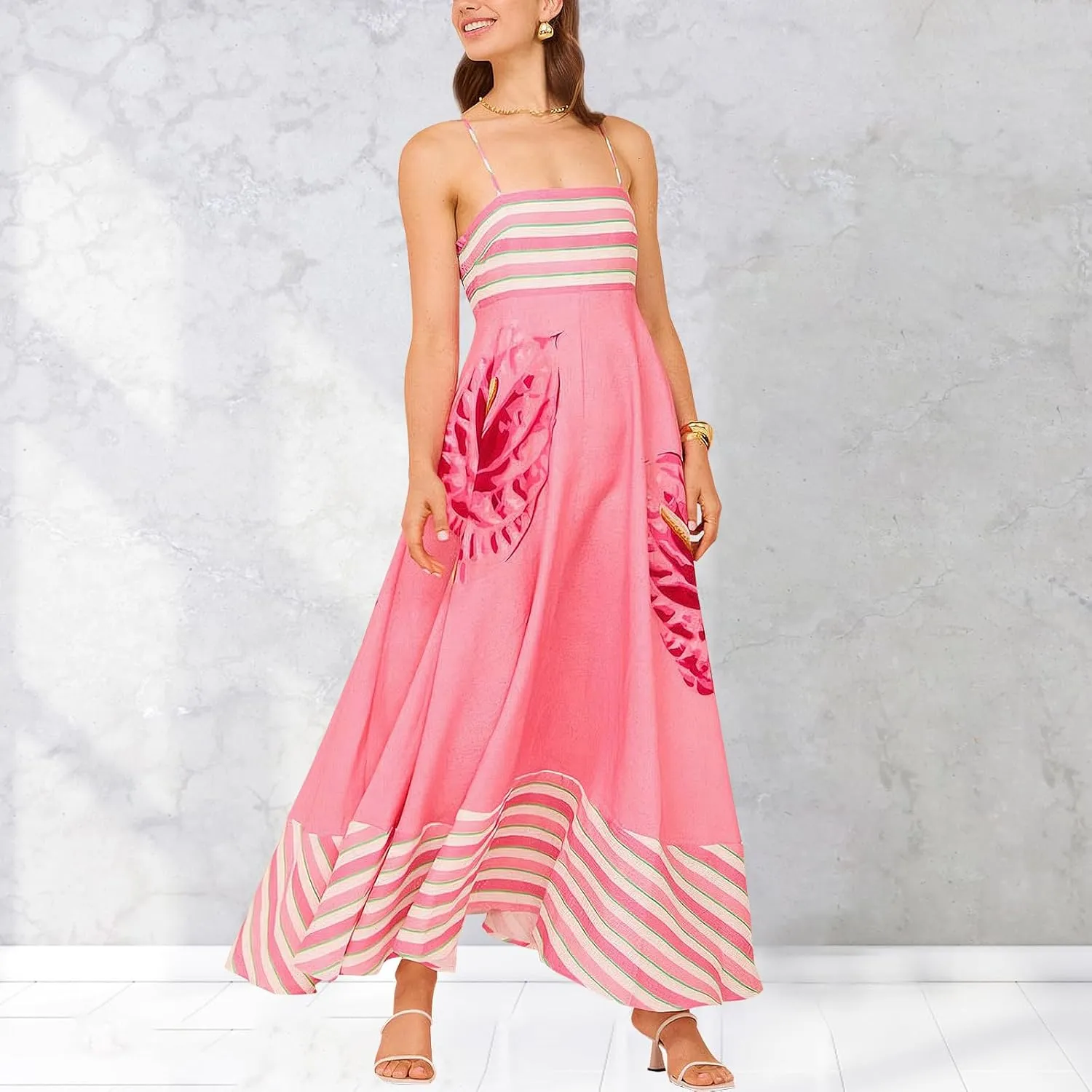 Women Spaghetti Strap Graffiti Maxi Dress Sleeveless Loose Boho Flowy Long Sundress Colorful A Line Beach Sundress