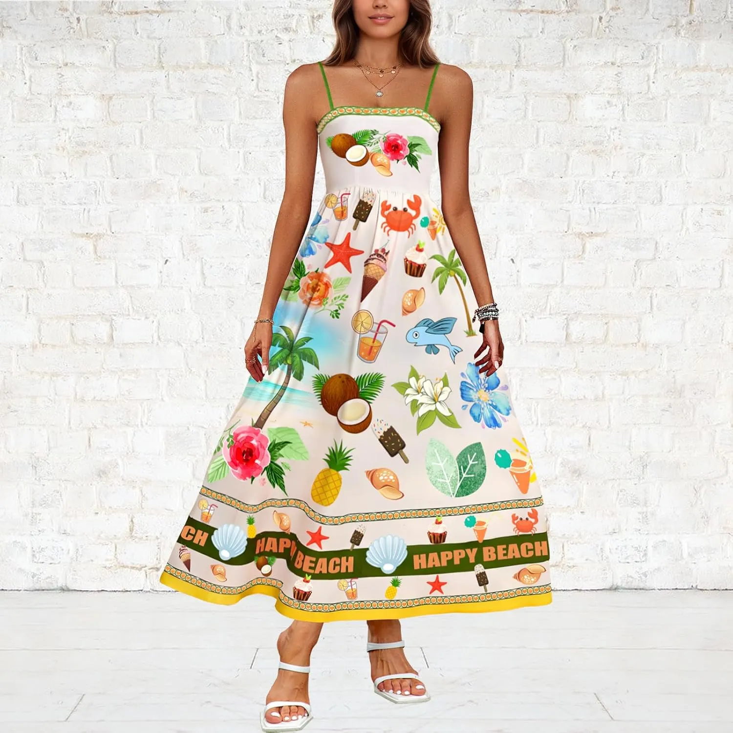 Women Spaghetti Strap Graffiti Maxi Dress Sleeveless Loose Boho Flowy Long Sundress Colorful A Line Beach Sundress