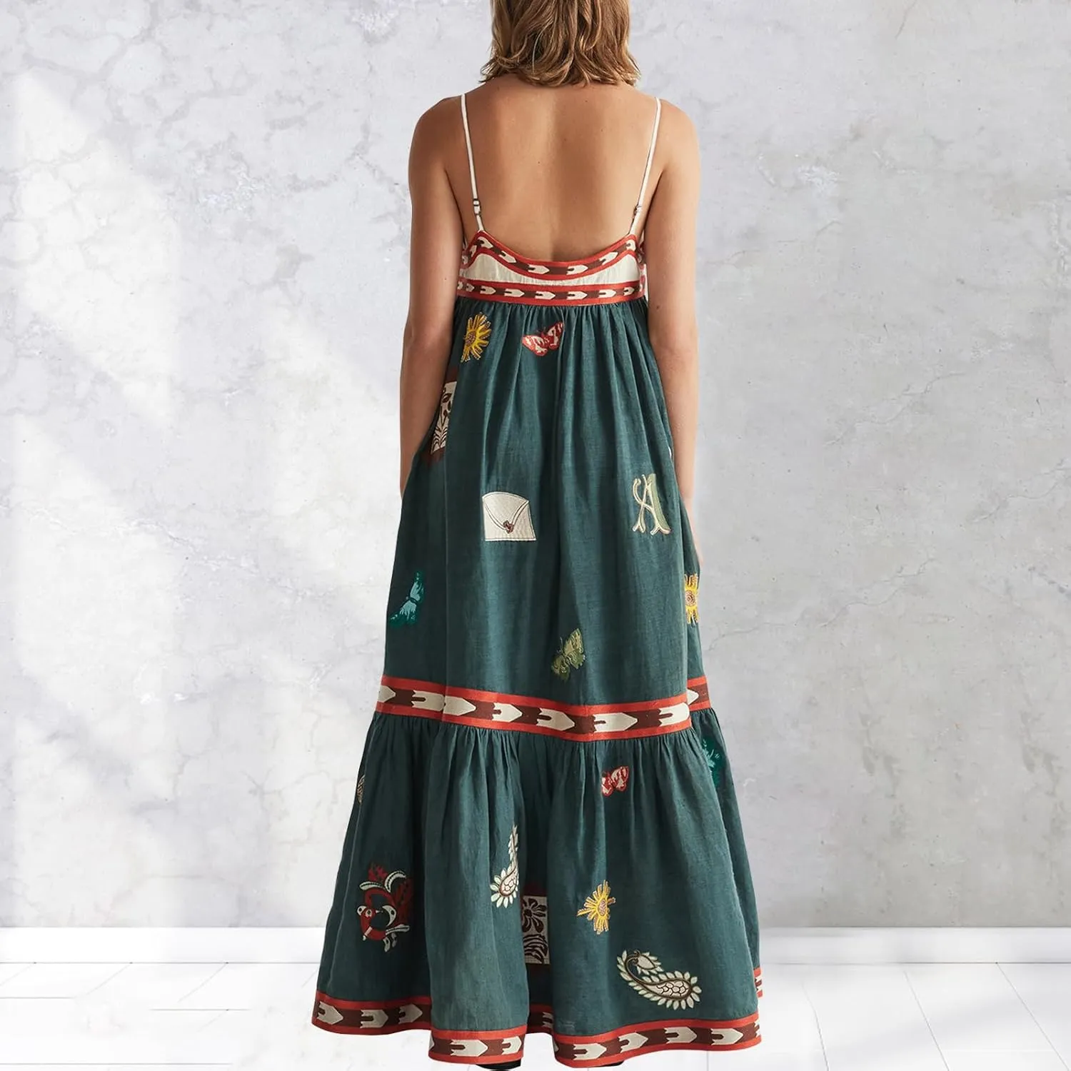 Women Spaghetti Strap Graffiti Maxi Dress Sleeveless Loose Boho Flowy Long Sundress Colorful A Line Beach Sundress