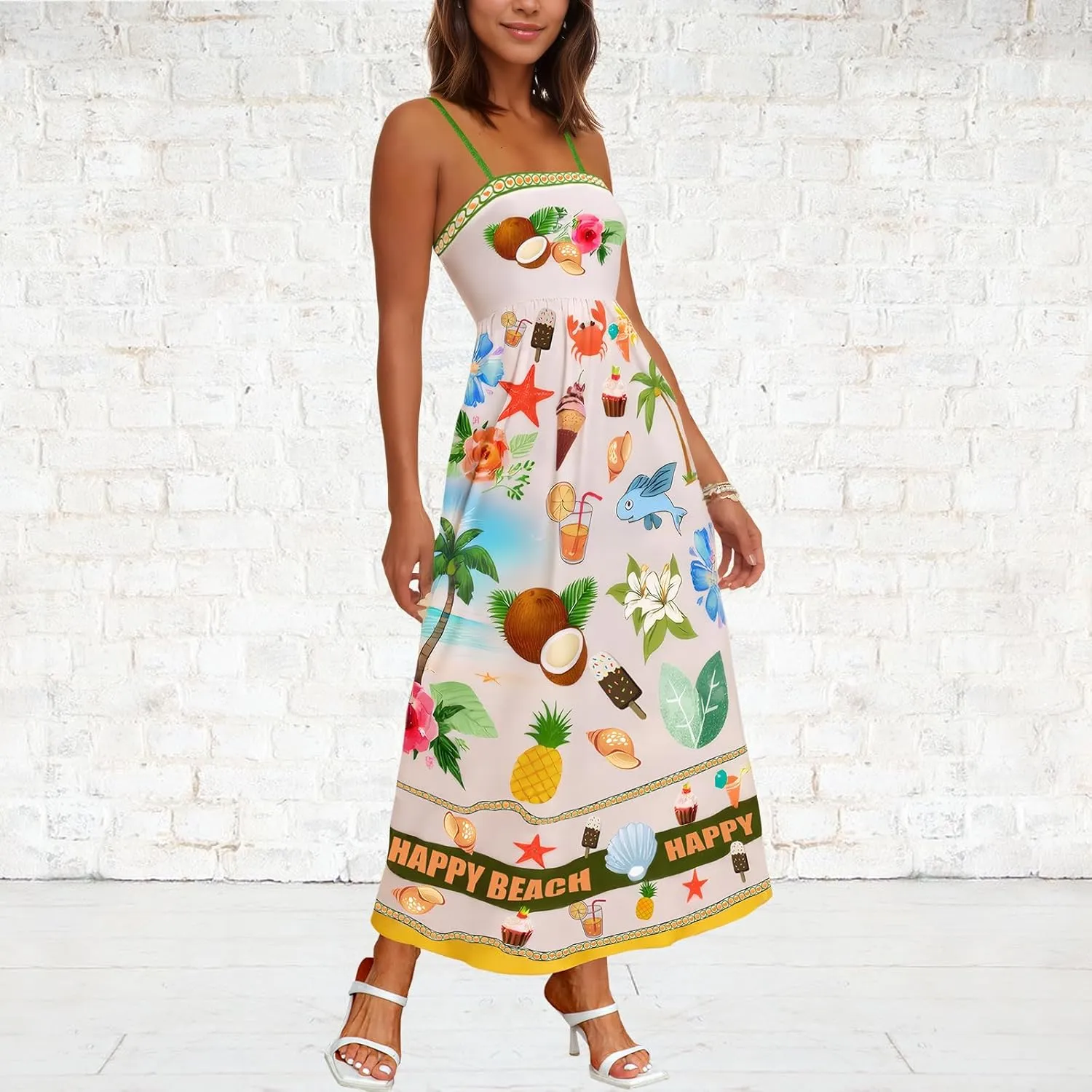 Women Spaghetti Strap Graffiti Maxi Dress Sleeveless Loose Boho Flowy Long Sundress Colorful A Line Beach Sundress