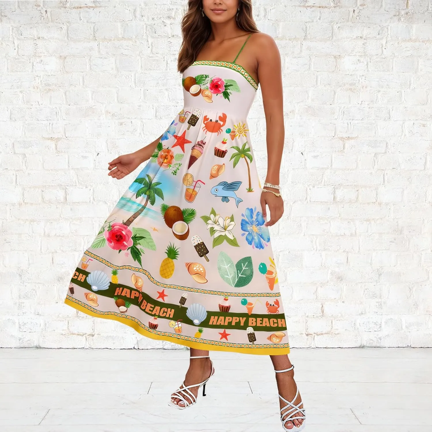Women Spaghetti Strap Graffiti Maxi Dress Sleeveless Loose Boho Flowy Long Sundress Colorful A Line Beach Sundress