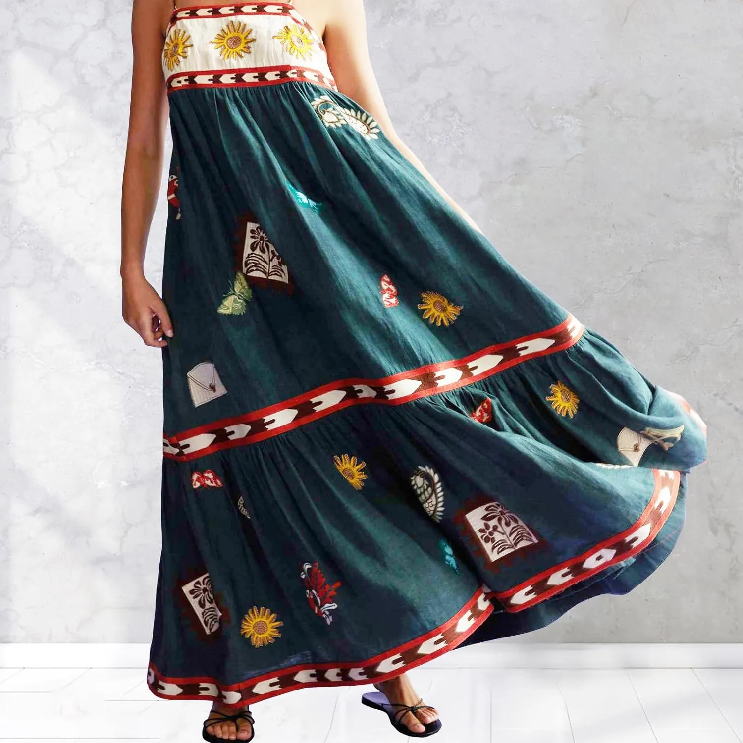 Women Spaghetti Strap Graffiti Maxi Dress Sleeveless Loose Boho Flowy Long Sundress Colorful A Line Beach Sundress