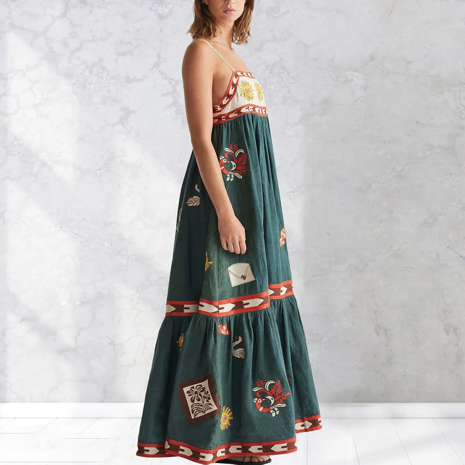 Women Spaghetti Strap Graffiti Maxi Dress Sleeveless Loose Boho Flowy Long Sundress Colorful A Line Beach Sundress