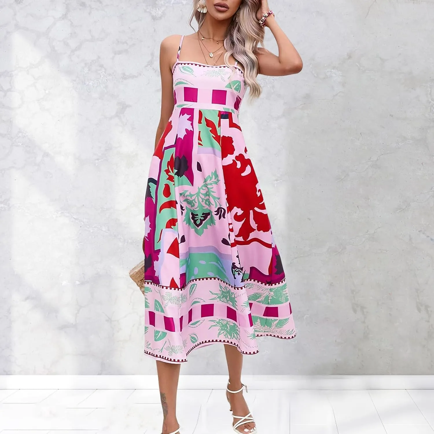 Women Spaghetti Strap Graffiti Maxi Dress Sleeveless Loose Boho Flowy Long Sundress Colorful A Line Beach Sundress