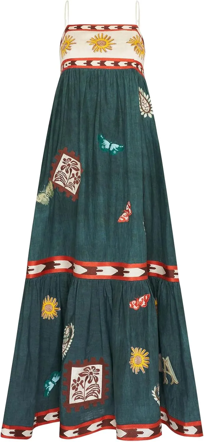 Women Spaghetti Strap Graffiti Maxi Dress Sleeveless Loose Boho Flowy Long Sundress Colorful A Line Beach Sundress