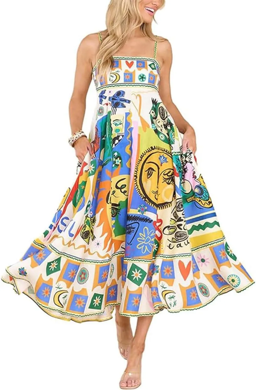 Women Spaghetti Strap Maxi Dress Colorful A Line Swing Long Smocked Picnic Dress Boho Beach Vacation Sundress