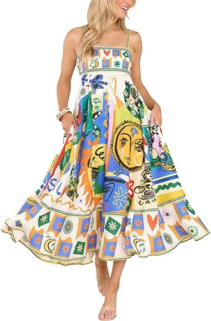 Women Spaghetti Strap Maxi Dress Colorful A Line Swing Long Smocked Picnic Dress Boho Beach Vacation Sundress