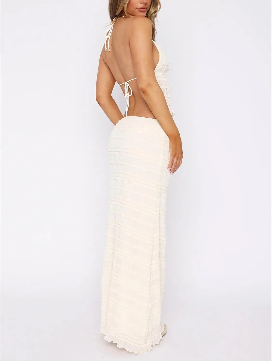 Women Two Piece Maxi Skirt Set Y2k Backless Lace Halter Crop Top and Long Skirt Flowy Going Out Beach Sheer Outfits
