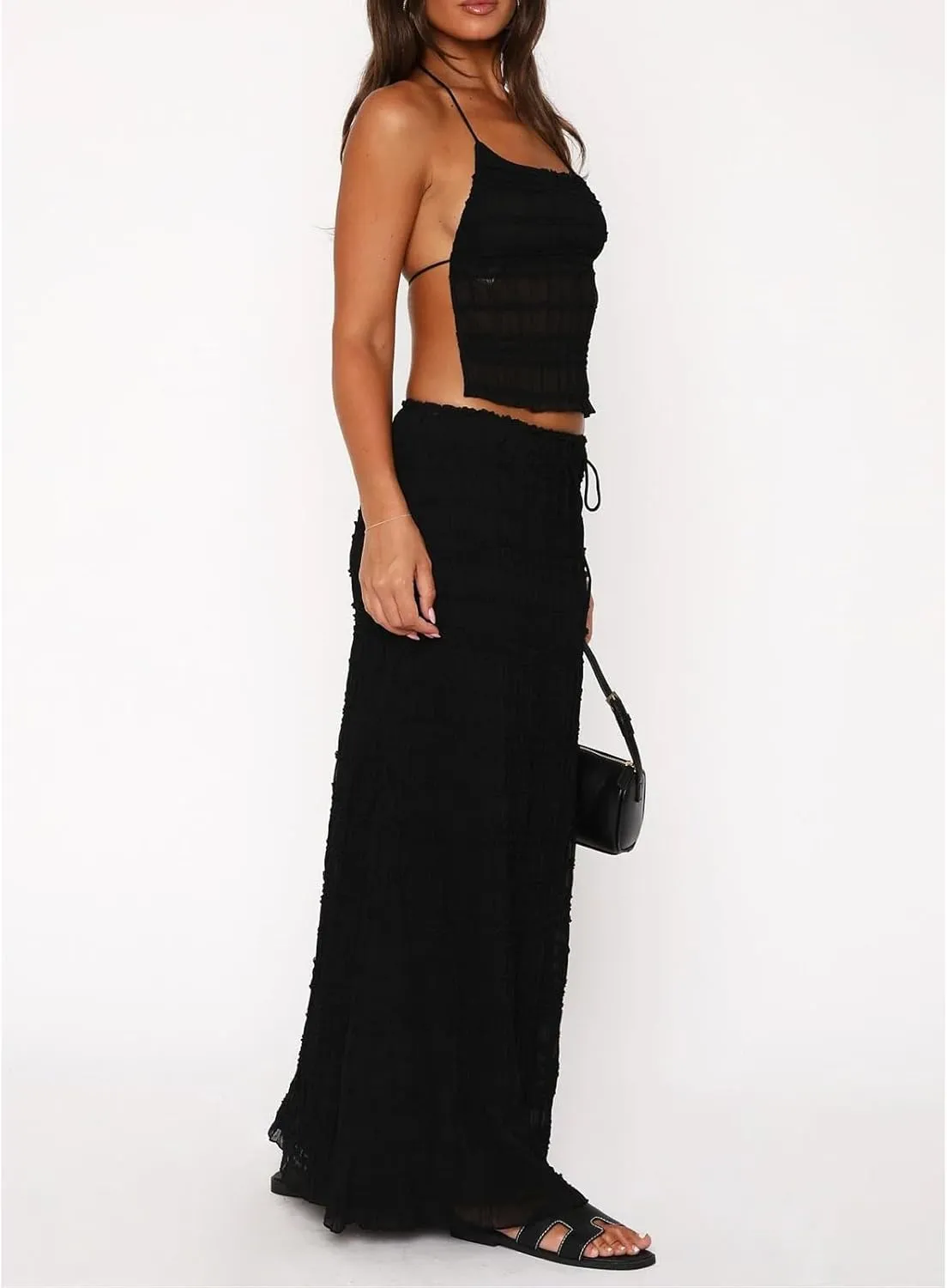 Women Two Piece Maxi Skirt Set Y2k Backless Lace Halter Crop Top and Long Skirt Flowy Going Out Beach Sheer Outfits