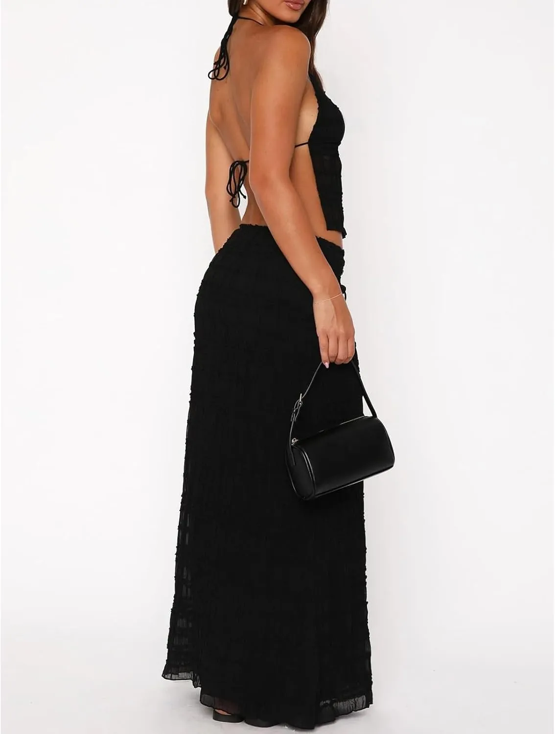 Women Two Piece Maxi Skirt Set Y2k Backless Lace Halter Crop Top and Long Skirt Flowy Going Out Beach Sheer Outfits