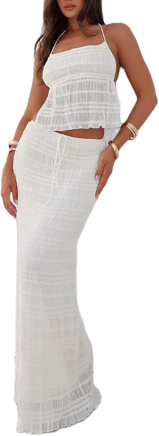 Women Two Piece Maxi Skirt Set Y2k Backless Lace Halter Crop Top and Long Skirt Flowy Going Out Beach Sheer Outfits