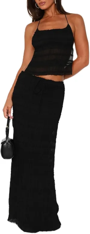Women Two Piece Maxi Skirt Set Y2k Backless Lace Halter Crop Top and Long Skirt Flowy Going Out Beach Sheer Outfits