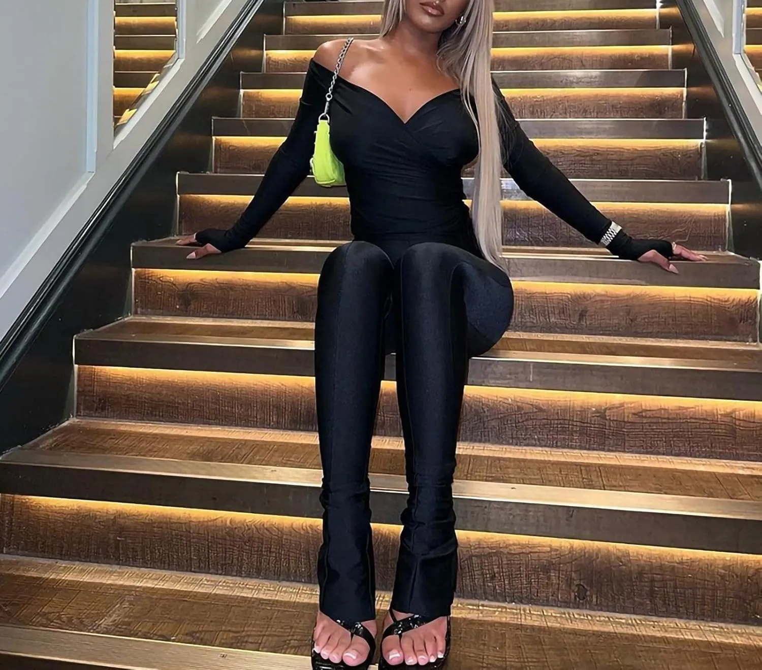 Women Two Piece Outfits Sexy Off Shoulder Tops Bodycon Flared Pant Sets Club Outfits Tracksuits