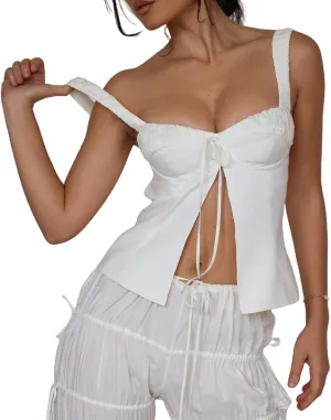 Women Vintage Lace Trim Camisole Spaghetti Strap Slim Fit Camis Low Cut Backless Tank Top Y2K Streetwear