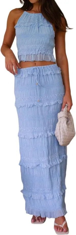 Women Y2k 2 Piece Outfits Patchwork Front Tie-Up Camisoles Ruched Ruffle Skirt Set Elastic Waist Beachwear (Blue,Small)