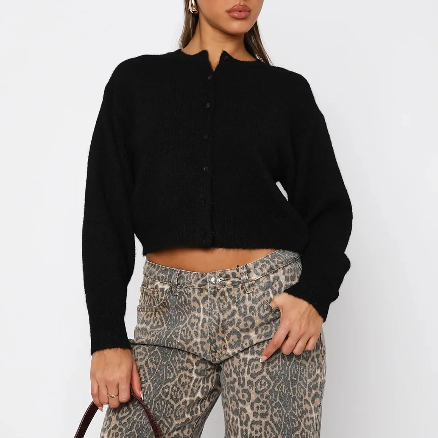 Women Y2K Button Front Crop Sweater Cardigan Solid Color Crew Neck Long Sleeve Knit Fall Tops Streetwear