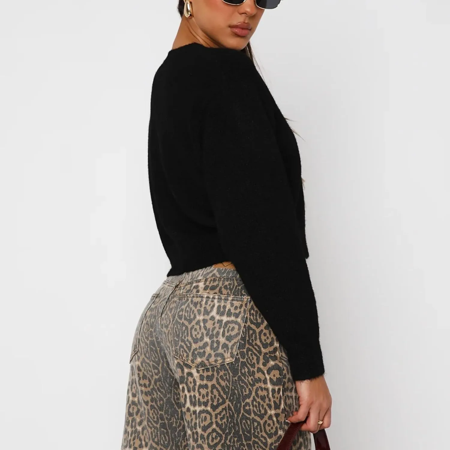 Women Y2K Button Front Crop Sweater Cardigan Solid Color Crew Neck Long Sleeve Knit Fall Tops Streetwear