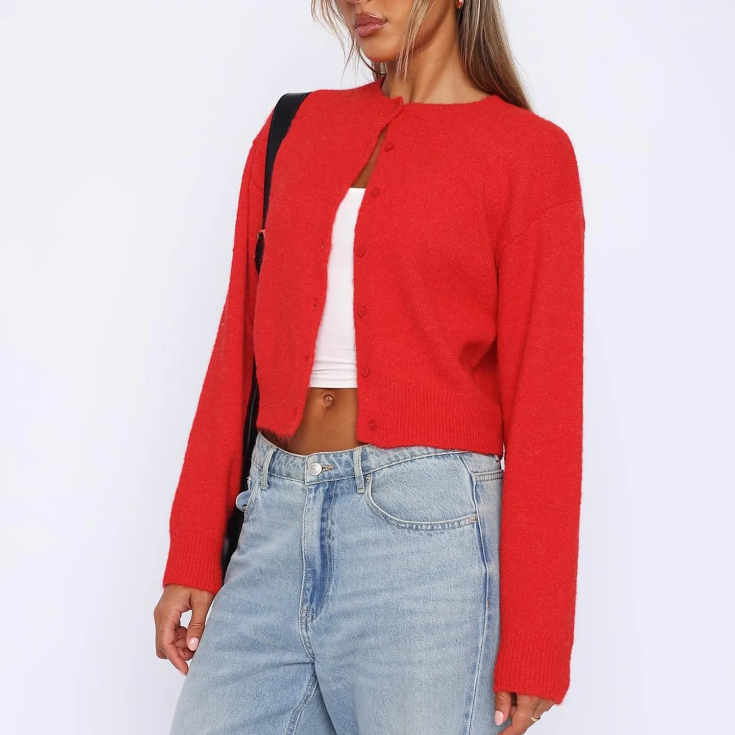 Women Y2K Button Front Crop Sweater Cardigan Solid Color Crew Neck Long Sleeve Knit Fall Tops Streetwear