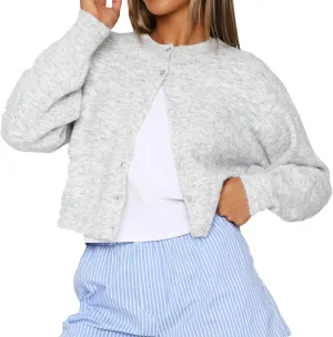 Women Y2K Button Front Crop Sweater Cardigan Solid Color Crew Neck Long Sleeve Knit Fall Tops Streetwear