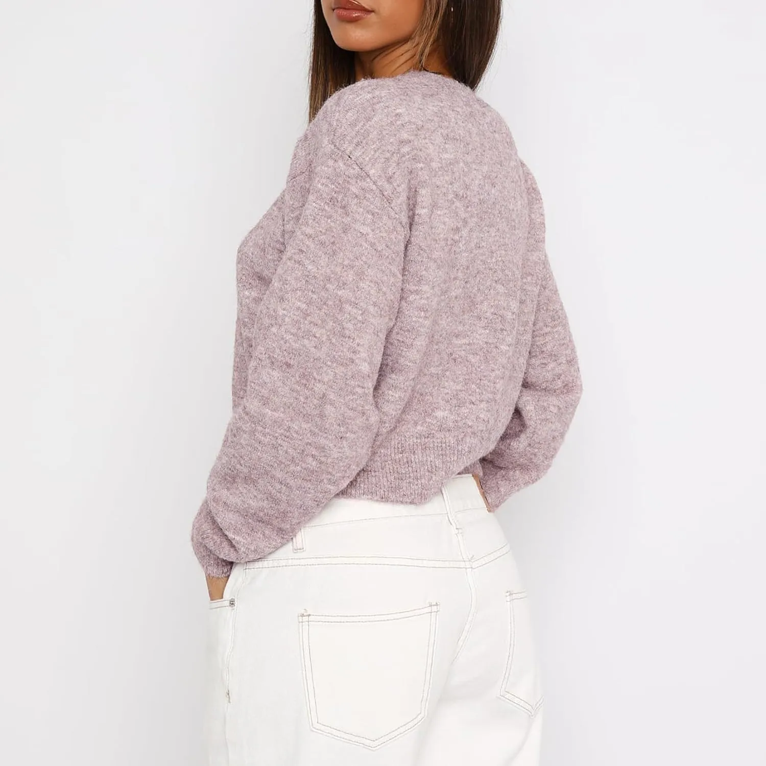 Women Y2K Button Front Crop Sweater Cardigan Solid Color Crew Neck Long Sleeve Knit Fall Tops Streetwear