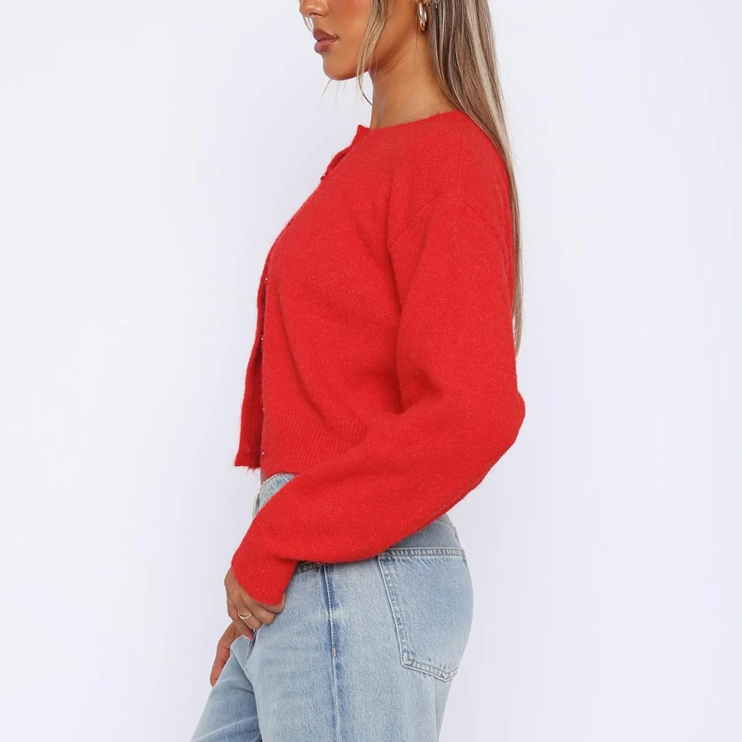 Women Y2K Button Front Crop Sweater Cardigan Solid Color Crew Neck Long Sleeve Knit Fall Tops Streetwear