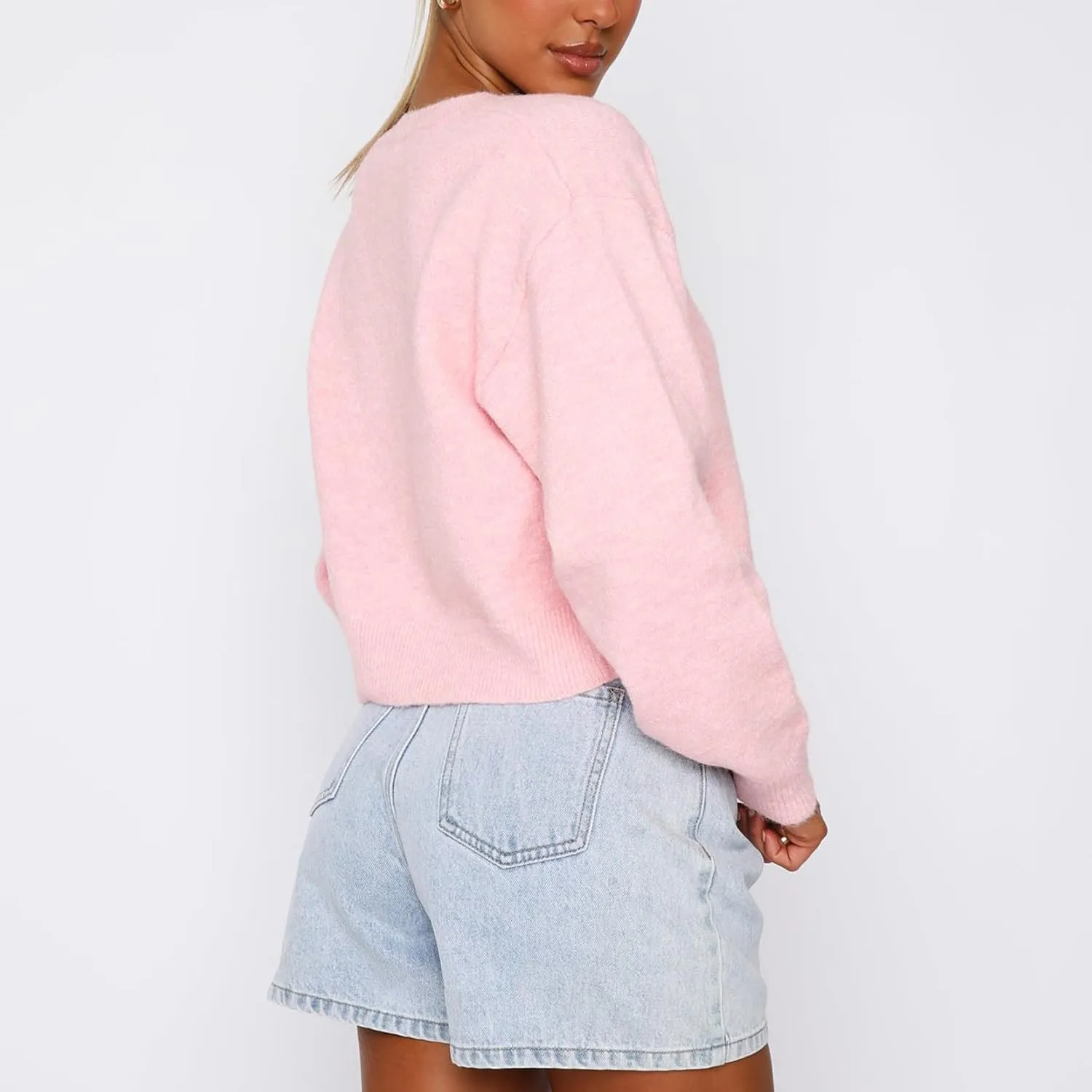 Women Y2K Button Front Crop Sweater Cardigan Solid Color Crew Neck Long Sleeve Knit Fall Tops Streetwear