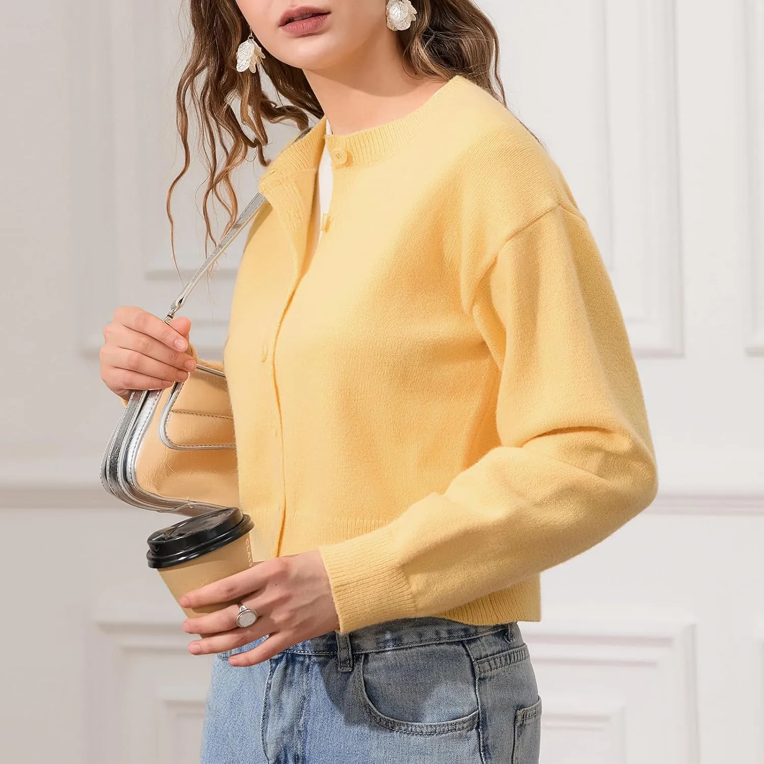 Women Y2K Button Front Crop Sweater Cardigan Solid Color Crew Neck Long Sleeve Knit Fall Tops Streetwear