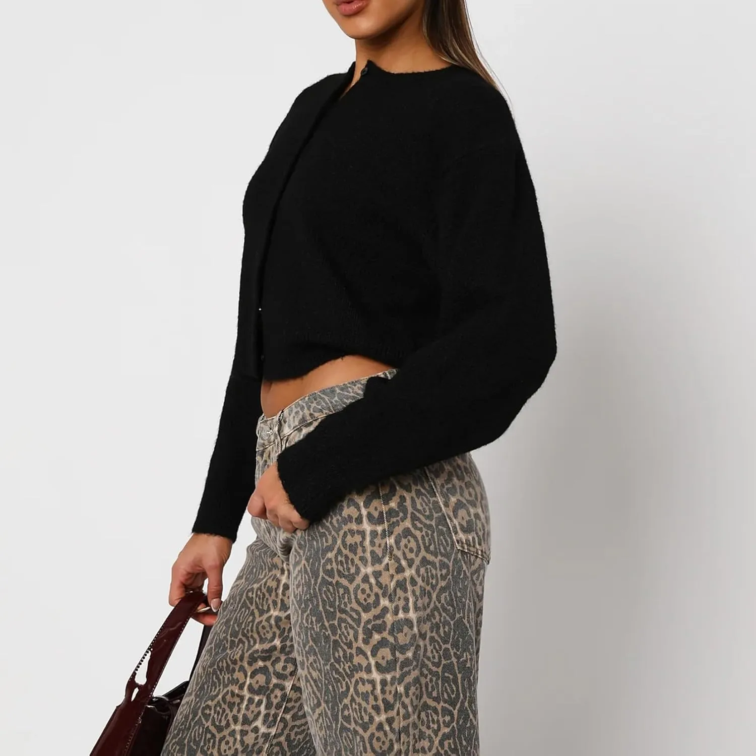 Women Y2K Button Front Crop Sweater Cardigan Solid Color Crew Neck Long Sleeve Knit Fall Tops Streetwear