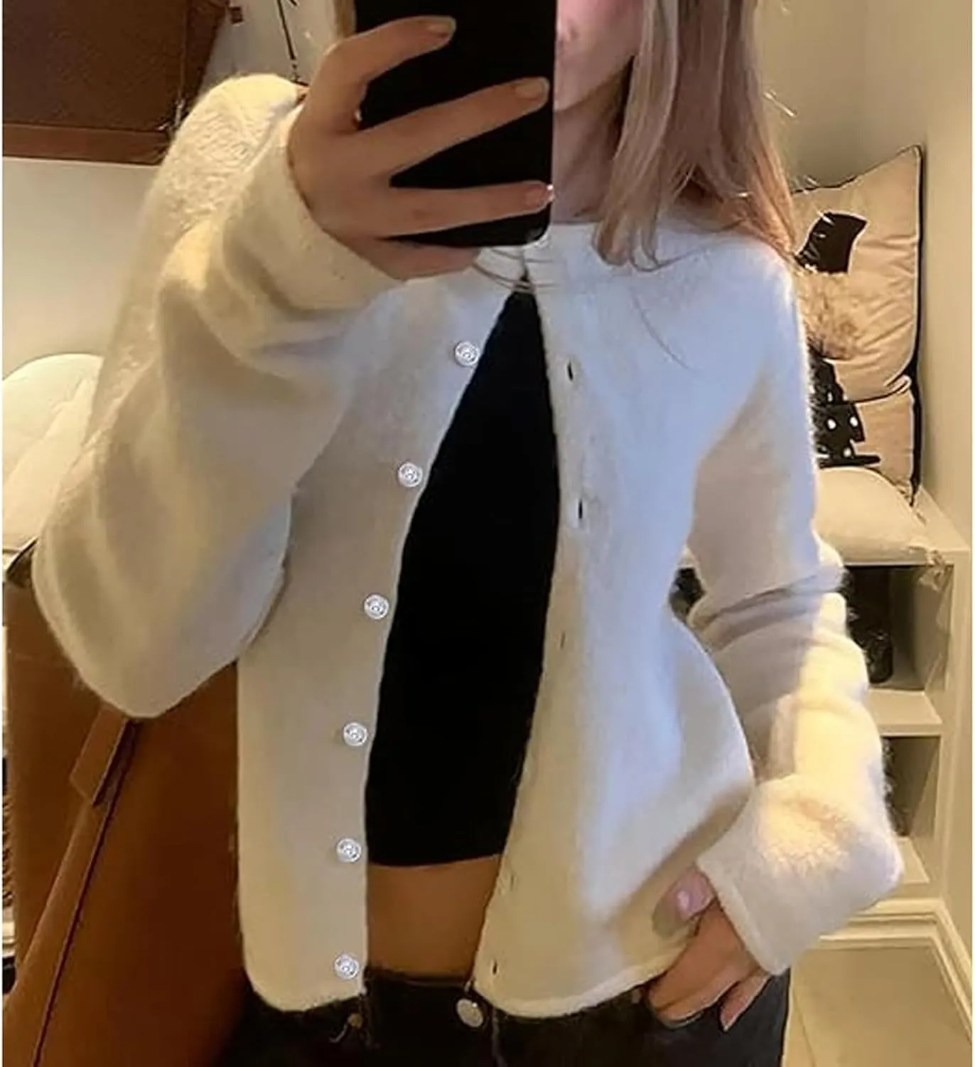 Women Y2K Button Front Crop Sweater Cardigan Solid Color Crew Neck Long Sleeve Knit Fall Tops Streetwear