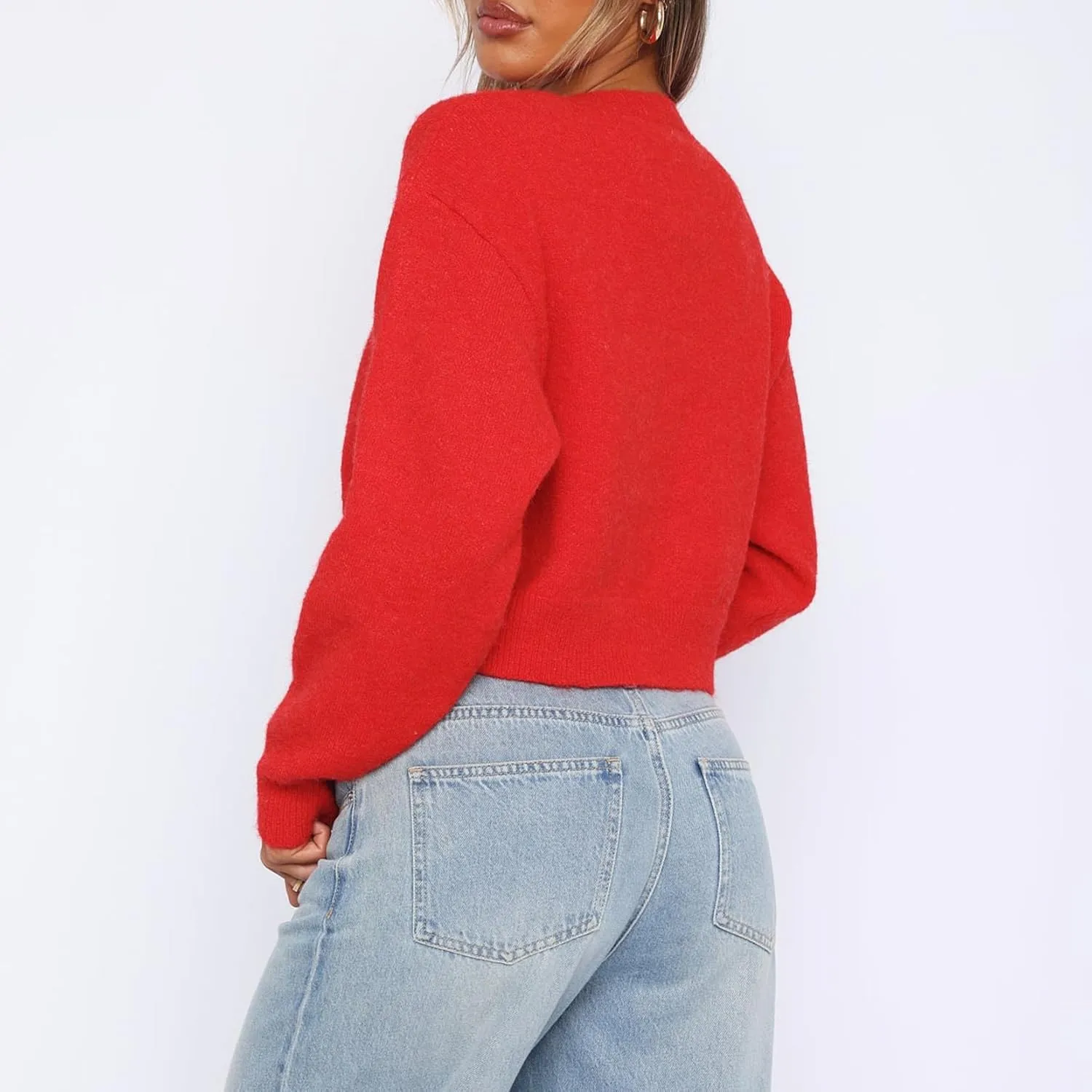 Women Y2K Button Front Crop Sweater Cardigan Solid Color Crew Neck Long Sleeve Knit Fall Tops Streetwear