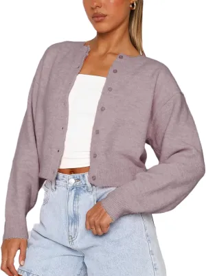 Women Y2K Button Front Crop Sweater Cardigan Solid Color Crew Neck Long Sleeve Knit Fall Tops Streetwear