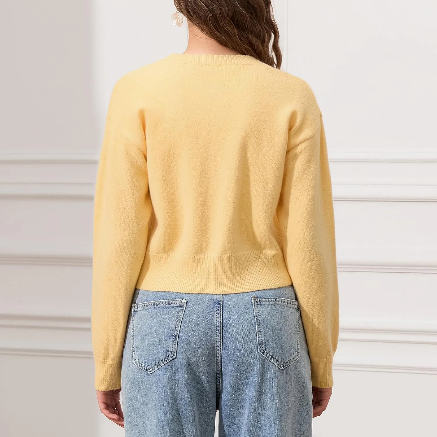 Women Y2K Button Front Crop Sweater Cardigan Solid Color Crew Neck Long Sleeve Knit Fall Tops Streetwear