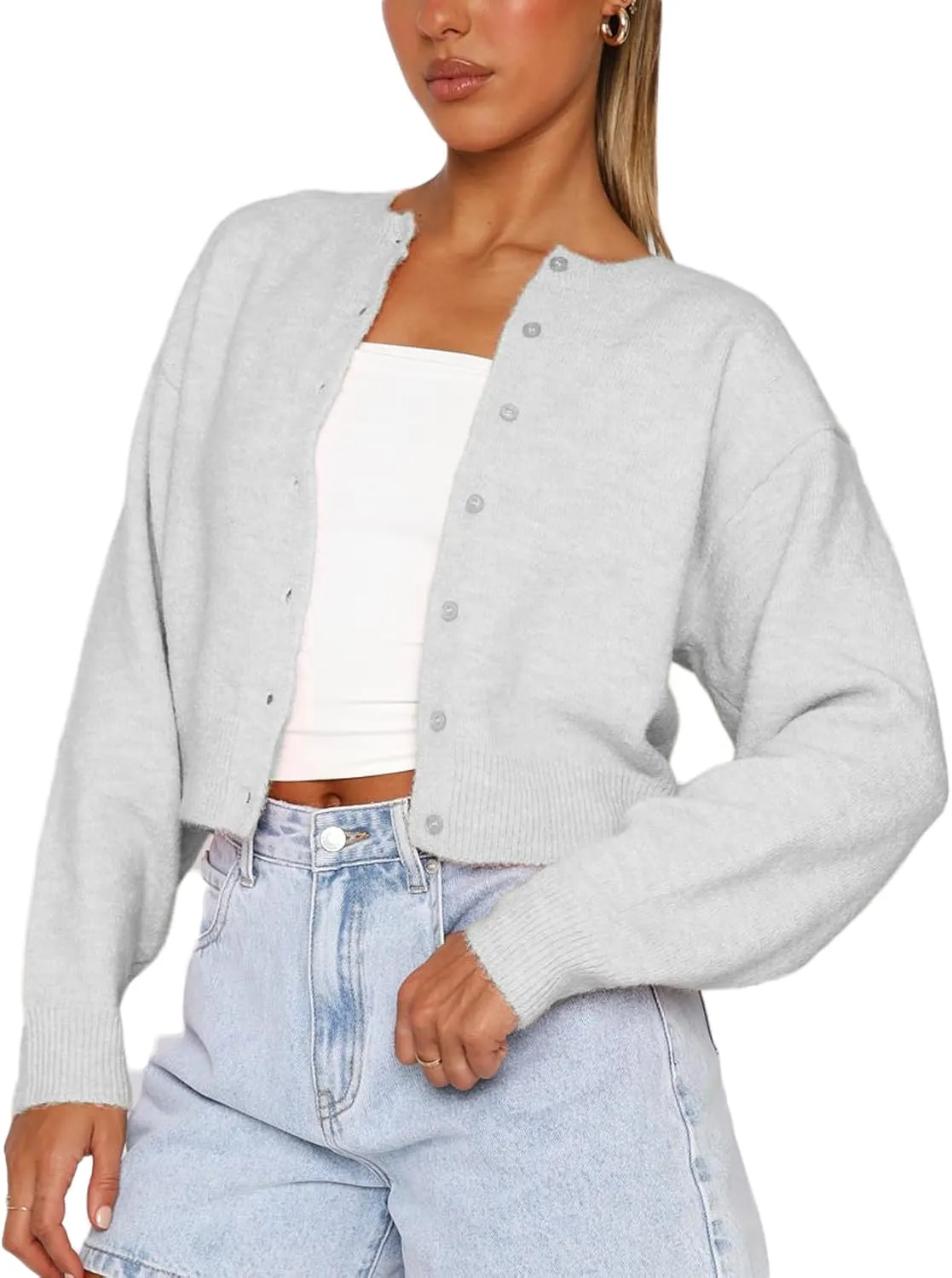 Women Y2K Button Front Crop Sweater Cardigan Solid Color Crew Neck Long Sleeve Knit Fall Tops Streetwear