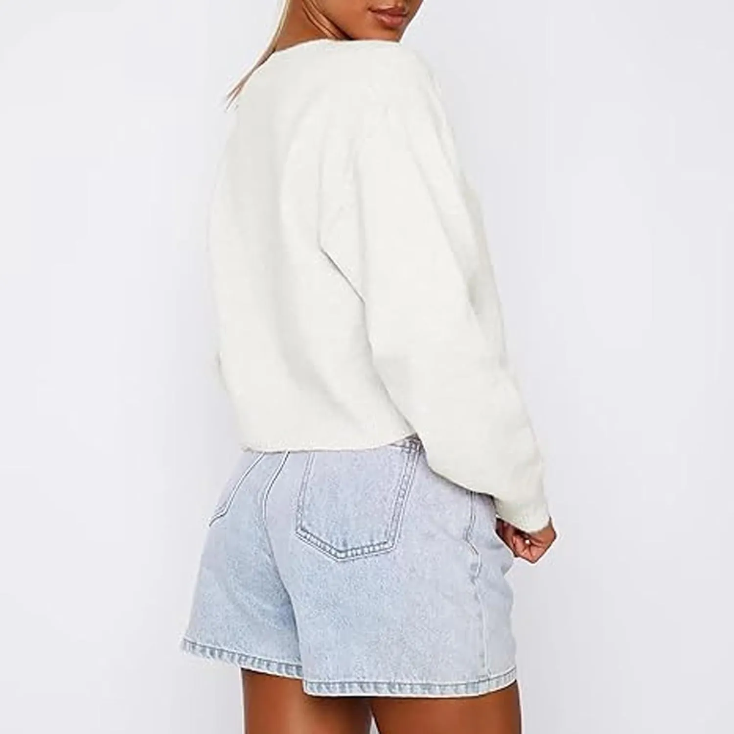 Women Y2K Button Front Crop Sweater Cardigan Solid Color Crew Neck Long Sleeve Knit Fall Tops Streetwear
