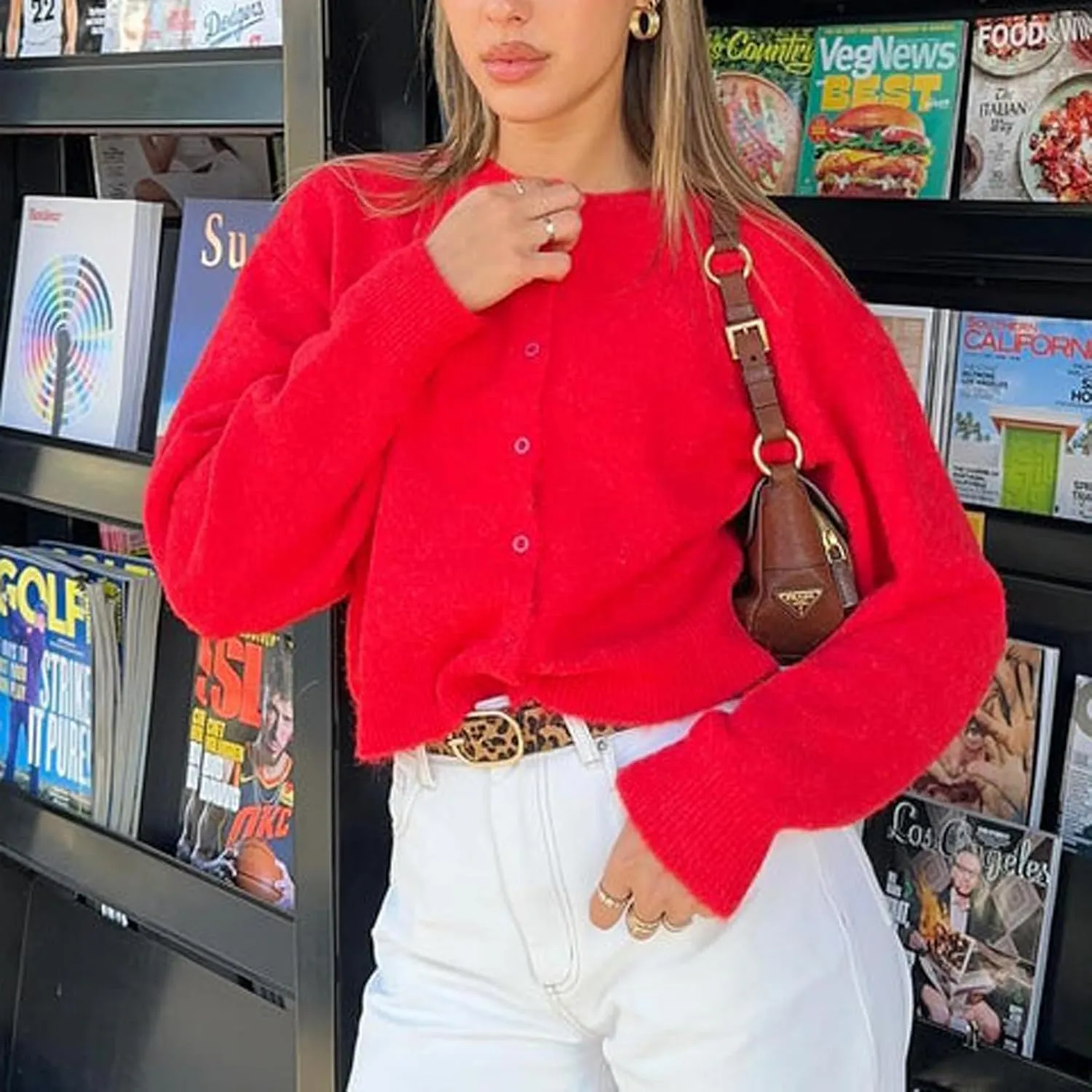 Women Y2K Button Front Crop Sweater Cardigan Solid Color Crew Neck Long Sleeve Knit Fall Tops Streetwear