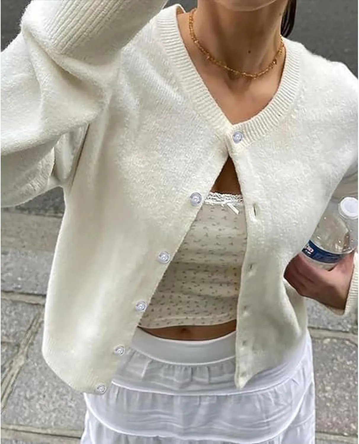 Women Y2K Button Front Crop Sweater Cardigan Solid Color Crew Neck Long Sleeve Knit Fall Tops Streetwear