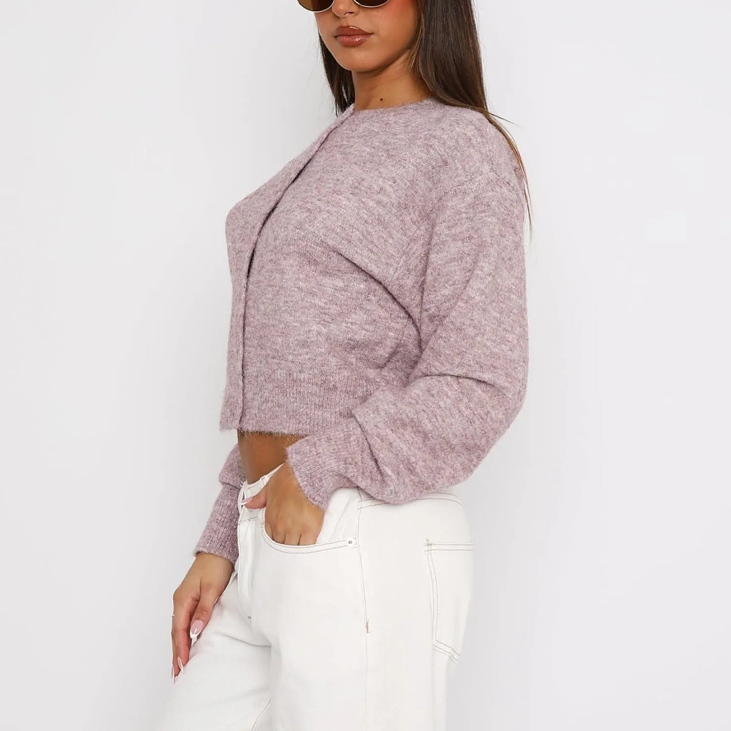 Women Y2K Button Front Crop Sweater Cardigan Solid Color Crew Neck Long Sleeve Knit Fall Tops Streetwear
