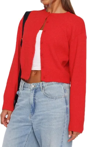 Women Y2K Button Front Crop Sweater Cardigan Solid Color Crew Neck Long Sleeve Knit Fall Tops Streetwear
