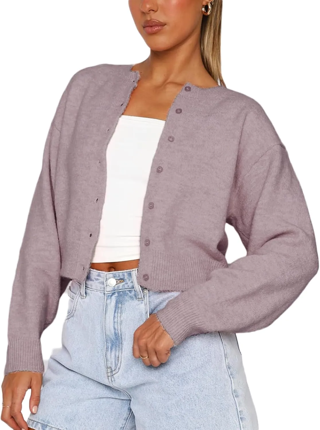 Women Y2K Button Front Crop Sweater Cardigan Solid Color Crew Neck Long Sleeve Knit Fall Tops Streetwear