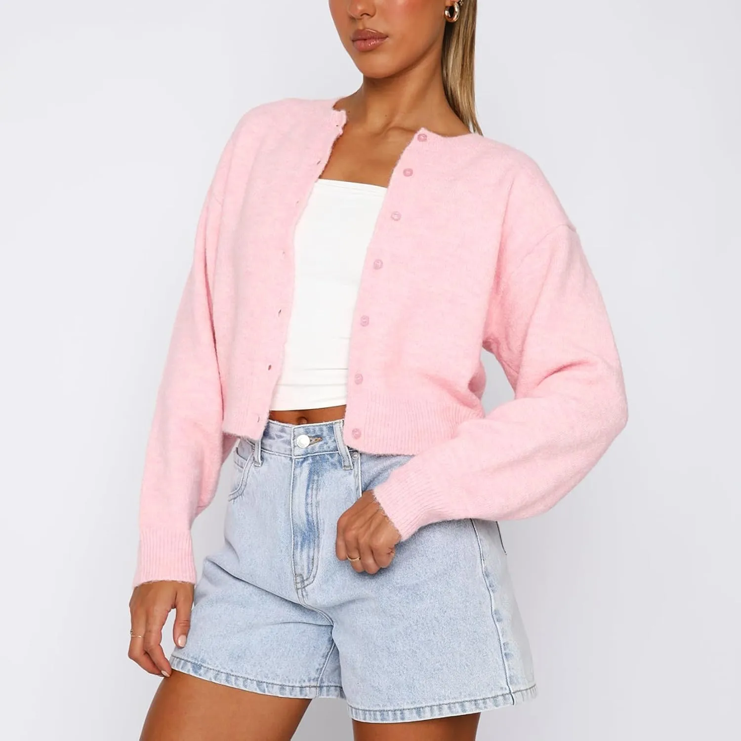 Women Y2K Button Front Crop Sweater Cardigan Solid Color Crew Neck Long Sleeve Knit Fall Tops Streetwear