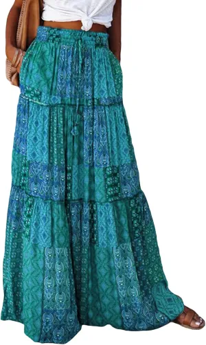 Women Y2k Denim Maxi Skirt Elastic Waist Button Pleated Tiered Flowy Long Swing Skirts Retro Chambray Jean Skirt