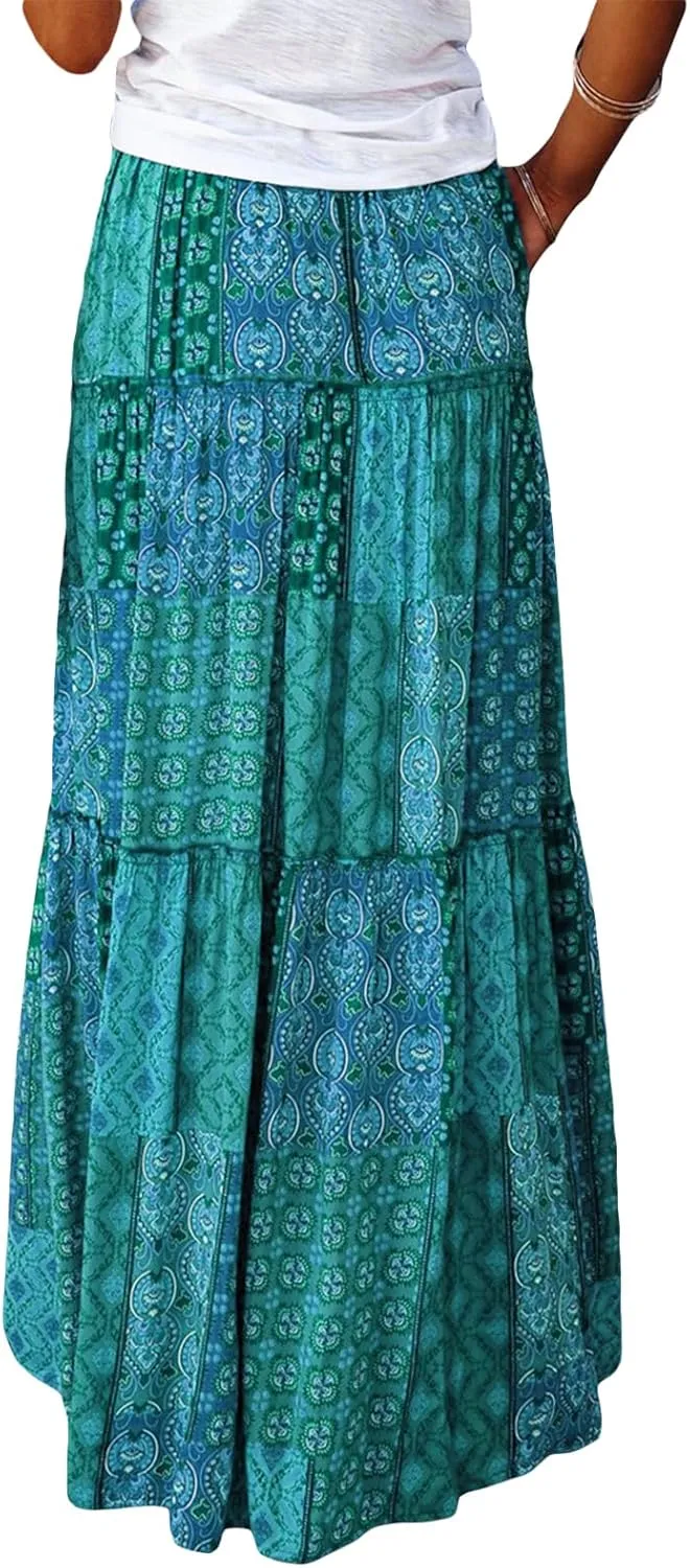 Women Y2k Denim Maxi Skirt Elastic Waist Button Pleated Tiered Flowy Long Swing Skirts Retro Chambray Jean Skirt